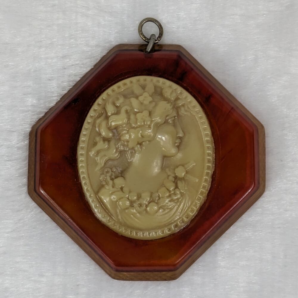 Vtg Octagon Cameo Pendant Bakelite Style Brown Frame Floral Woman Relief 2.625"
